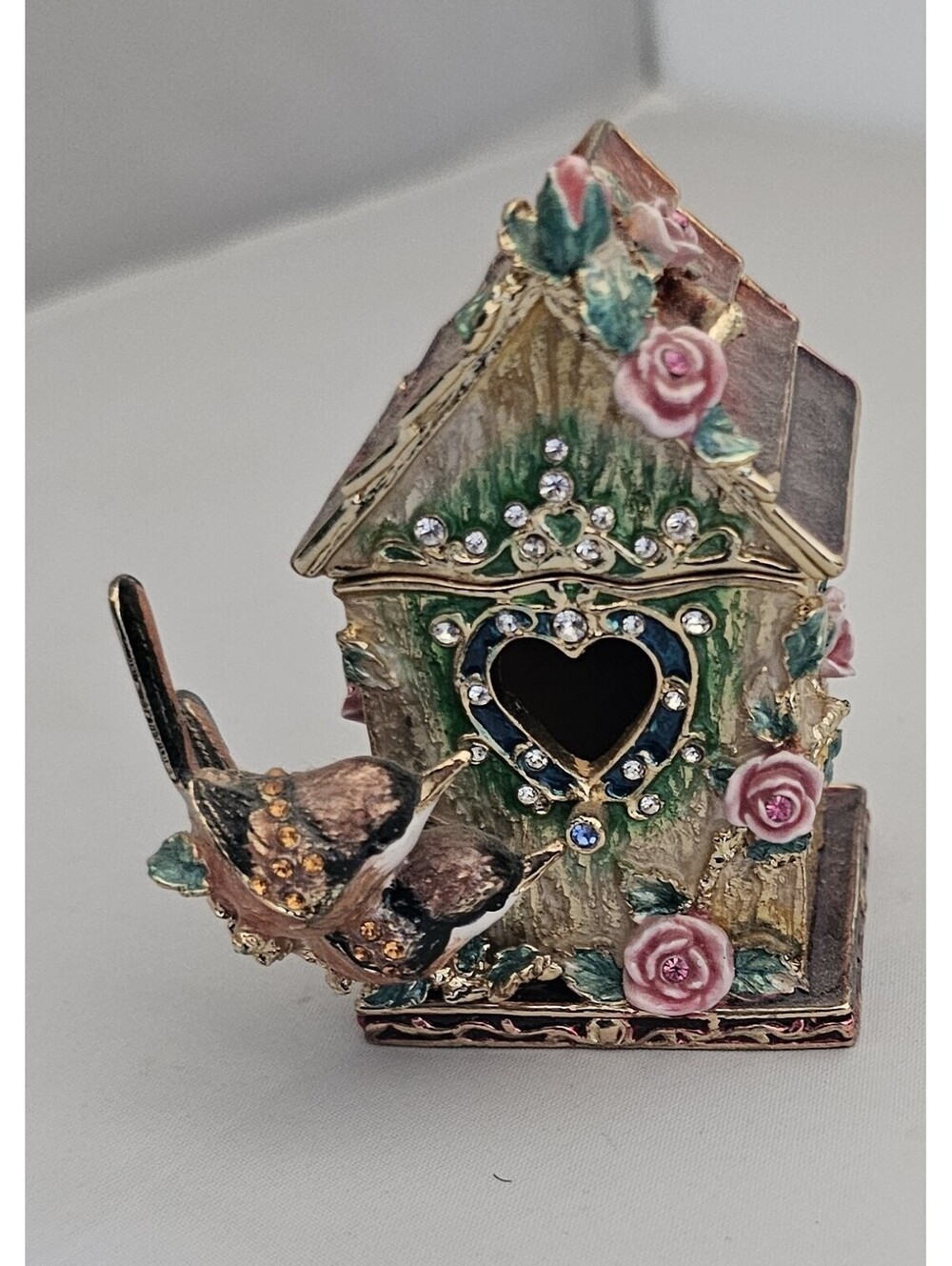 Decorative Birdhouse Trinket Box with Rhinestone Accents and Floral Details